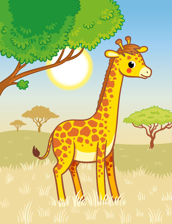 Giraffe stands in the savannah. Cute african animal in cartoon style. Vector illustration.のイラスト素材
