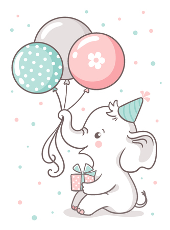 Cute baby elephant sits and holds a balloon balloons. Greeting card with a cute cartoon animal on a white background.のイラスト素材