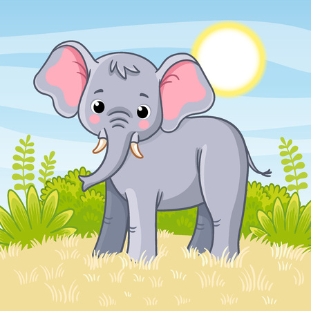 Elephant stands in the savannah. Vector illustration with cute animal. African animal in cartoon style.のイラスト素材