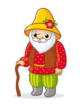 Grandfather stands on a white background and holds on to the stick. Old gnome in cartoon style.のイラスト素材