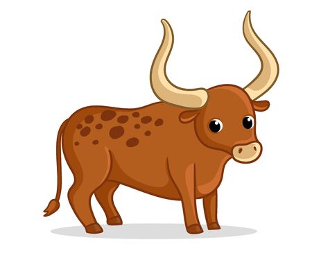 Bull with big horns stands on a white background. Vector illustration with cartoon animal.のイラスト素材