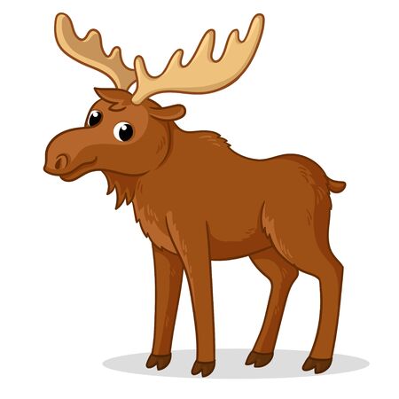 Cute moose with big horns is standing on a white background. Vector illustration with cute wild animal.のイラスト素材
