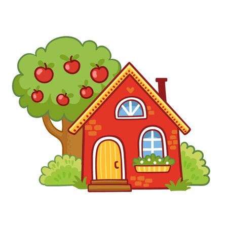 Small house stands next to an apple tree on a white background. Vector illustration in cartoon style.のイラスト素材