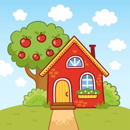 Small house stands on a hill next to an apple tree. Vector illustration in cartoon style.のイラスト素材