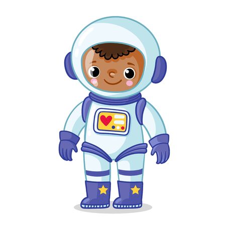 Dark-skinned astronaut in a space suit on a white background. Vector illustration on the space theme in cartoon style.のイラスト素材