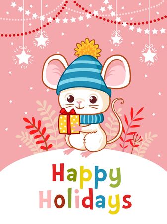 Little mouse stands on a hill outside and holds a New Years gift in its paws. Vector greeting card with cute rodent on a pink background.のイラスト素材