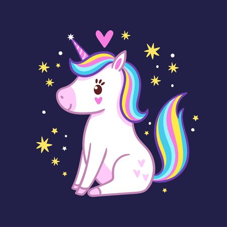 Little cute unicorn sitting among the stars on a blue background. Vector illustration with cartoon mythical animal.のイラスト素材