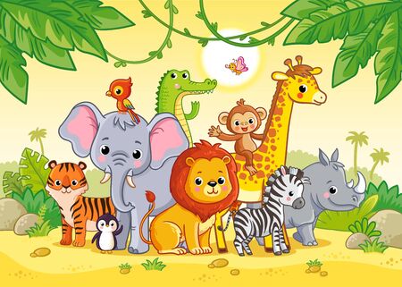 African landscape with cute african animals. Large set of animals. Vector illustration with cute mammals.のイラスト素材