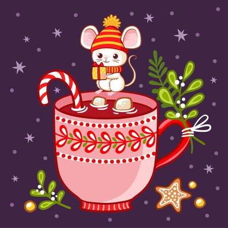 Cute mouse in winter hat sits on cup of hot chocolate. Vector Christmas and New year illustration on a winter theme in cartoon style.のイラスト素材