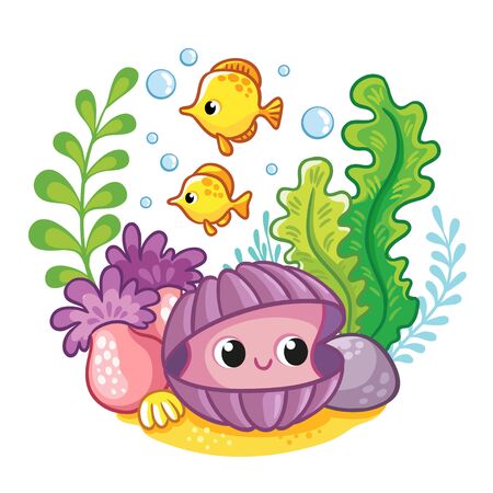 Cute clam on the bottom of the sea among algae and fish. Vector illustration in cartoon site.のイラスト素材