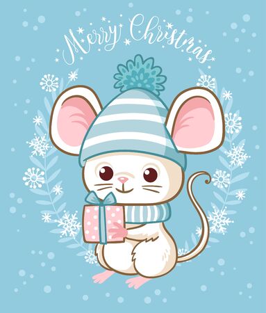 Vector illustration with a mouse that is holding a gift on a Christmas theme. New Year Greeting Card.のイラスト素材