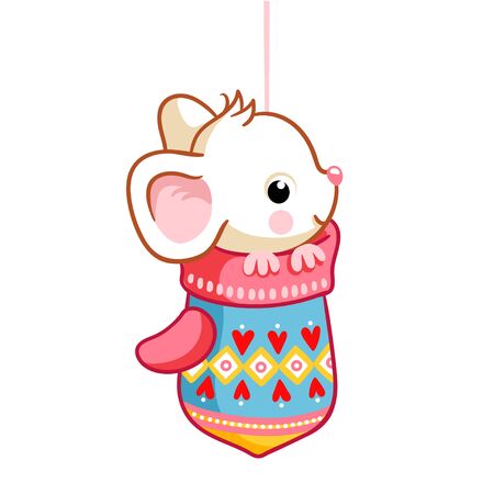 Cute little mouse sitting in a mitten on a white background. Vector illustration in cartoon style on a Christmas theme.のイラスト素材