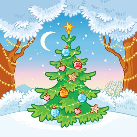 Elegant Christmas tree standing in a snowy forest. Vector illustration on the theme of the new year.のイラスト素材