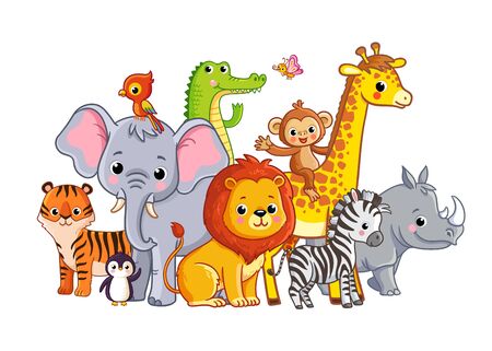 Vector illustration with african animals on a white background. Cute animals in cartoon style. Big set.のイラスト素材