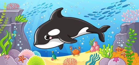 Vector illustration on a marine theme with a cute killer whale. Sea life in cartoon style.のイラスト素材