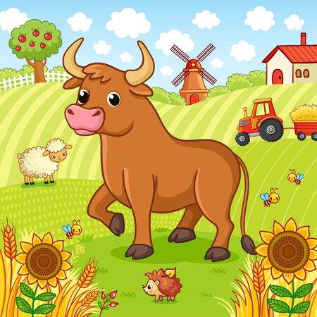 Bull stands on a field next to a hedgehog and a sheep. Vector illustration with farm and pets. The tractor is carrying hay.のイラスト素材