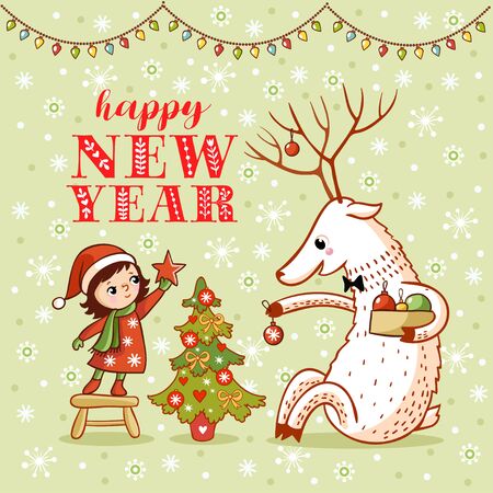 Vector Christmas theme card with cute girl and deer decorate a Christmas tree. New year illustration design with baby and animal.のイラスト素材