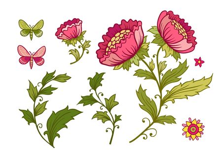 Vector illustration set of flowers. Vector illustration with beautiful flowers and butterflies.のイラスト素材