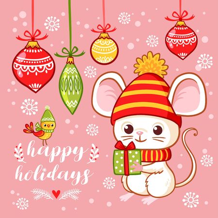 Christmas card with a cute little mouse that holds a gift in his hands on a pink background with Christmas toys. Vector illustration in cartoon style on a Christmas theme.のイラスト素材