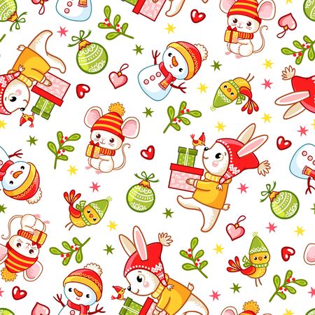 Vector seamless illustration on a Christmas theme with a car deer and mouse on a white background. Pattern with cute hare and animals.のイラスト素材