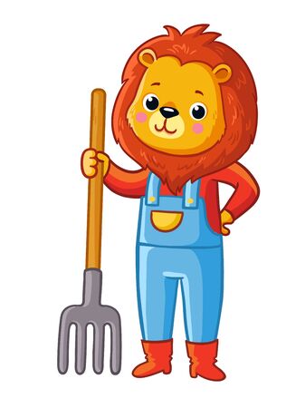 Lion stands with a pitchfork in his hand and a suit of a gardener. Vector illustration with animal on a white background.のイラスト素材