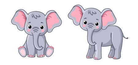 Set with little elephants in different poses on a white background. Cute vector animals in cartoon style.のイラスト素材