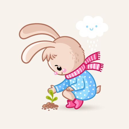 Cute little rabbit is looking at a plant that has just pecked out of the ground. Vector illustration with an animal.のイラスト素材