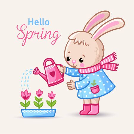 Little rabbit watering flowers in boots in spring. Vector illustration with cute animal in cartoon style.のイラスト素材