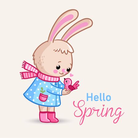 Little bunny holds a pink bird in her hands. Spring card with text and cute animal.のイラスト素材