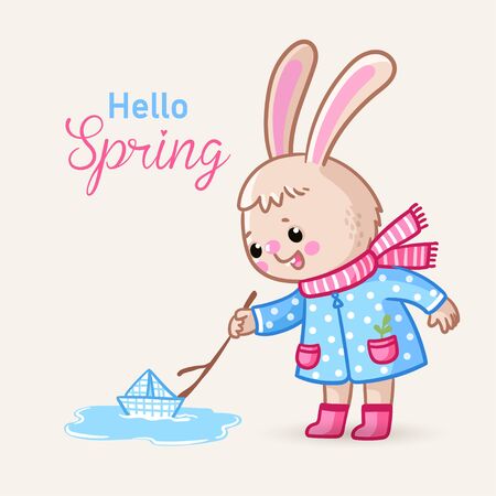 Cute greeting card with a bunny who launches a boat in a spring puddle. Vector illustration with animal in cartoon style.のイラスト素材
