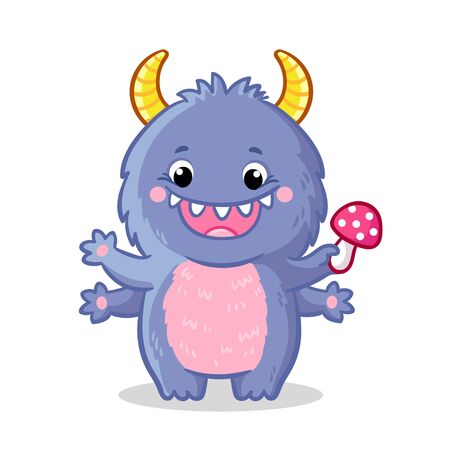 Cute monster in cartoon style. Vector illustration with a mythical beast which holds in hand a mushroom.のイラスト素材