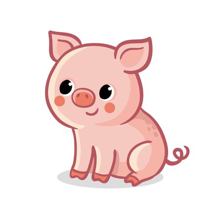 Cute pig sitting on a white background. Vector illustration with farm animal in cartoon style.のイラスト素材