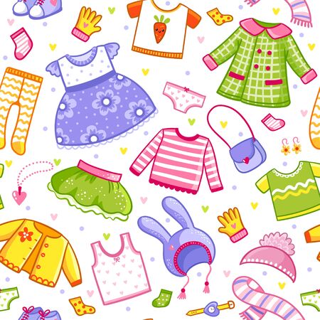 Vector seamless pattern with clothes in cartoon style. Vector big set with a collection of t-shirts, hats, dress, shoes and underwear for a girl and children.のイラスト素材