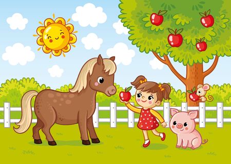 Vector illustration with a girl who gives a horse an apple. Cartoon style farm picture.のイラスト素材