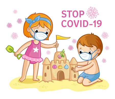 Vector illustration with children in protective masks on the beach and the inscription coronovirus. Cute children in play are building a sand castle against a background of viral particles.のイラスト素材