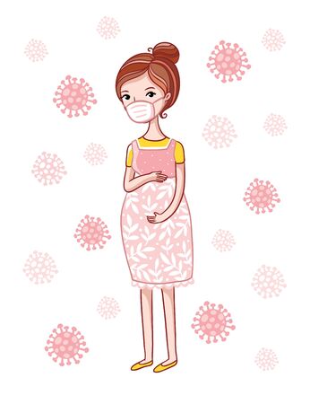 Vector illustration with a pregnant woman who wears a protective medical mask on the background of viral particles.のイラスト素材