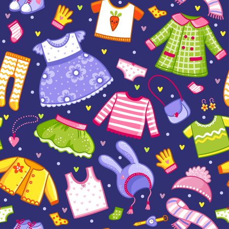 Vector pattern with a collection of t-shirts, hats, and underwear for animals and children. Big seamless set of clothes for a hare in cartoon style.のイラスト素材