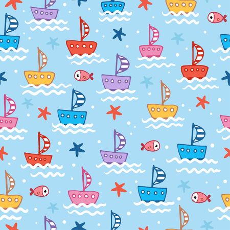 Seamless illustration with cute children s boats on a blue background with fish and waves in cartoon style. Vector pattern with starfish.のイラスト素材