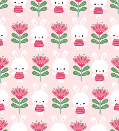Vector seamless illustration with cute bunnies and flowers. Cute pattern with animal in cartoon style.のイラスト素材