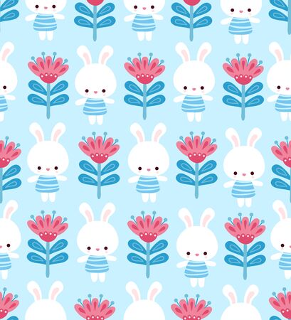 Cute floral pattern with a hare on a blue background. Vector seamless illustration with animal in a children's style.のイラスト素材