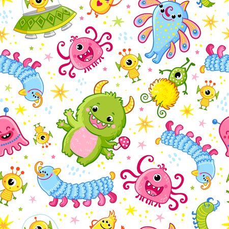 Funny pattern with aliens. Vector seamless illustration with cute monsters in cartoon style.のイラスト素材