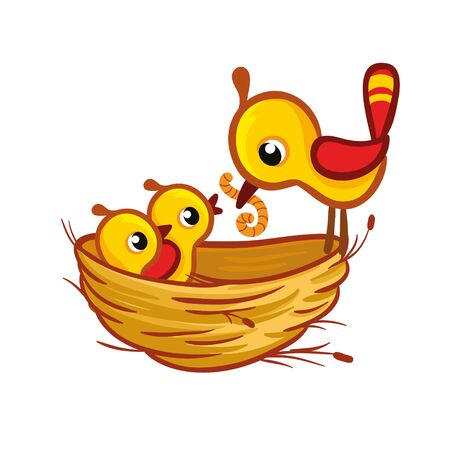 Vector illustration with a bird that brought the worm to the chicks in the nest. Cute birds in cartoon style.のイラスト素材