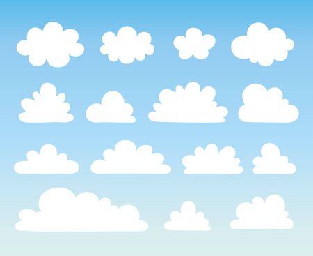 Vector illustration with a collection of white clouds on a blue background in cartoon style.のイラスト素材