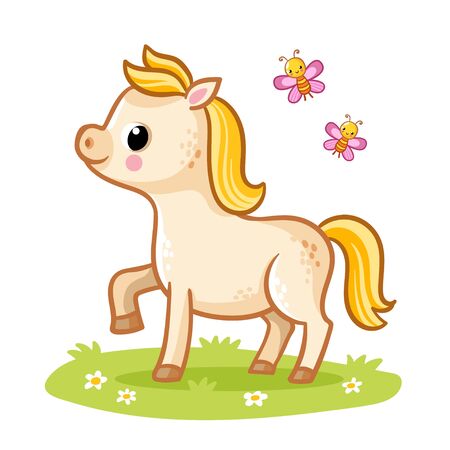 Little cute foal with a golden mane standing in the meadow with butterflies. Vecton illustration with a horse in cartoon style.のイラスト素材