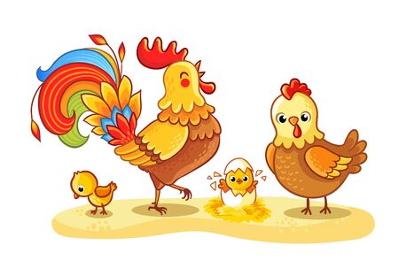 Rooster with chicken and chickens is walking in a clearing. Hatched chicken. Pets in cartoon style on a farm theme.のイラスト素材