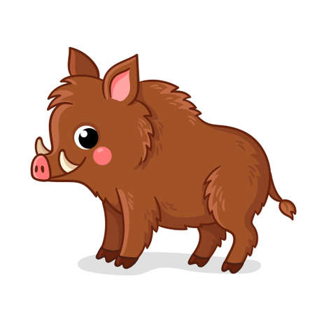 Small brown boar stands on a white background. Vector illustration with cute animals in cartoon style.のイラスト素材