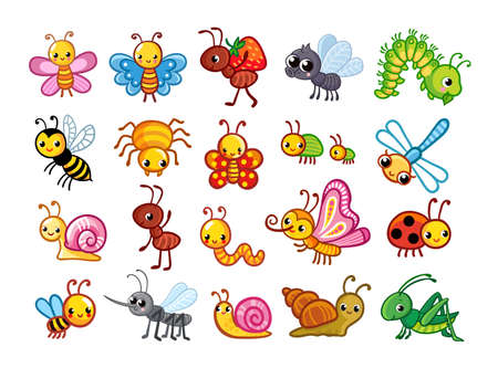 Big vector set with cute insects on a white background in cartoon style. Children's style insect collection.のイラスト素材