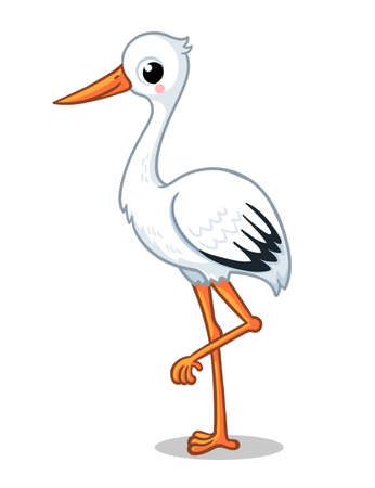 Cute stork stands on one leg on a white background. Vector illustration with a bird on a white background.のイラスト素材