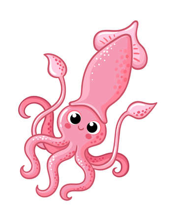 Vector illustration with pink squid on a white background. Sea animal in cartoon style.のイラスト素材
