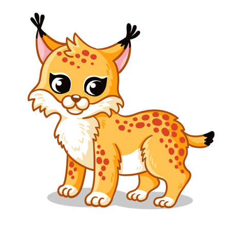 Cute lynx on a white background in cartoon childish style. Vector illustration with cute forest animal.のイラスト素材